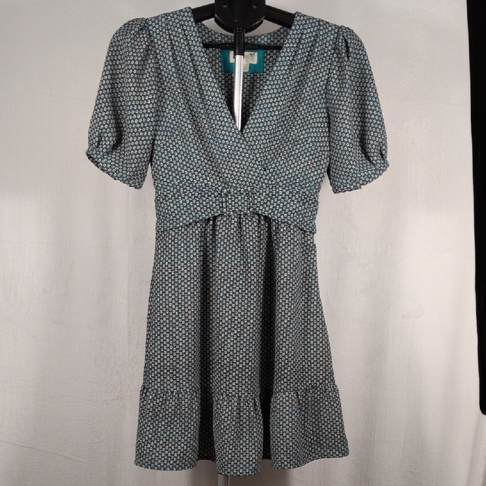 Maeve Fit and Flare Blue & Yellow Geometric Patterned Dress
